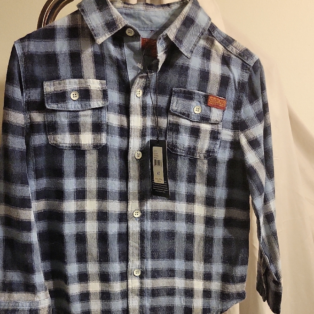 7 For All Mankind Navy Plaid Button Down Shirt